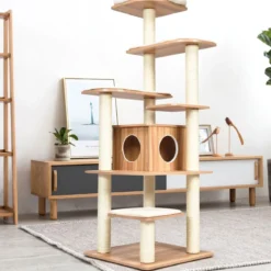 175cm Katzenbaum 6-stufiger Katzenkratzbaum Holz Kratzbaum Spielhaus mit Höhle & Matten