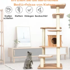 175cm Katzenbaum 6-stufiger Katzenkratzbaum Holz Kratzbaum Spielhaus mit Höhle & Matten
