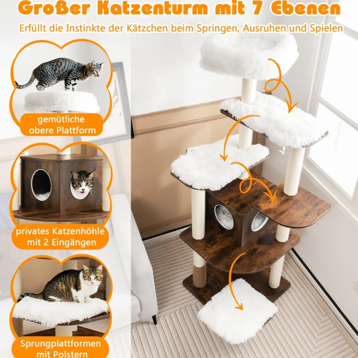 175cm Katzenbaum 6-stufiger Katzenkratzbaum Holz Kratzbaum Spielhaus mit Höhle & Matten