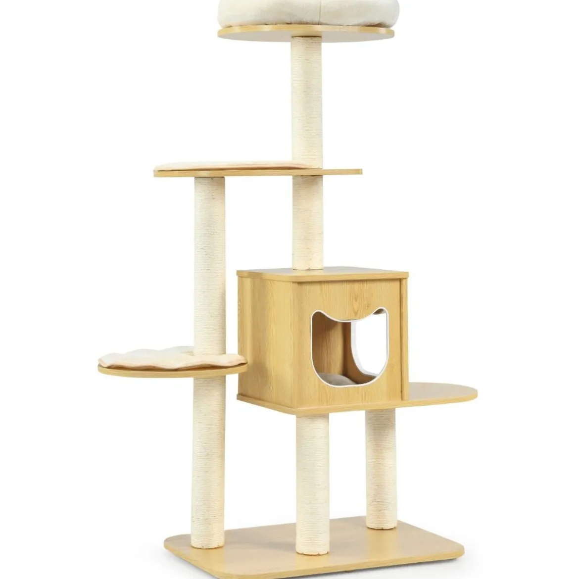 135cm Katzenbaum 4-stufiger Katzenkratzbaum Holz Kratzbaum Spielhaus mit Höhle und 4 Matten Katzenmöbel