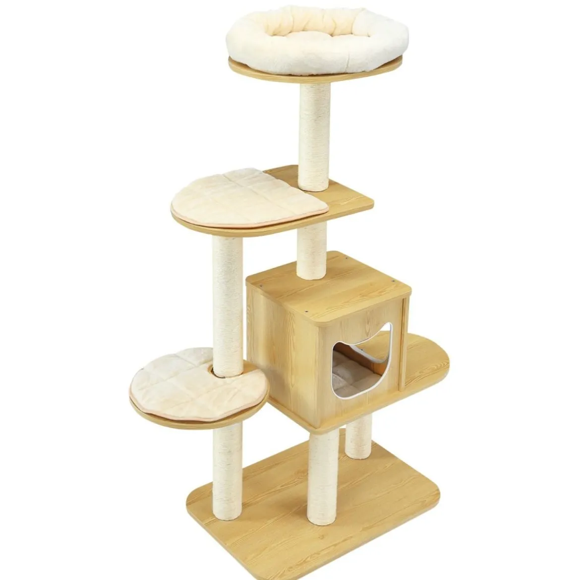 135cm Katzenbaum 4-stufiger Katzenkratzbaum Holz Kratzbaum Spielhaus mit Höhle und 4 Matten Katzenmöbel