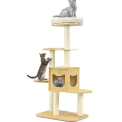 135cm Katzenbaum 4-stufiger Katzenkratzbaum Holz Kratzbaum Spielhaus mit Höhle und 4 Matten Katzenmöbel