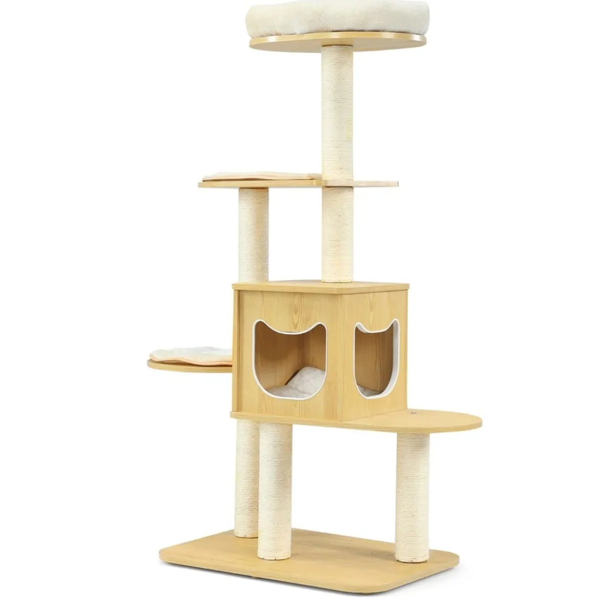 135cm Katzenbaum 4-stufiger Katzenkratzbaum Holz Kratzbaum Spielhaus mit Höhle und 4 Matten Katzenmöbel