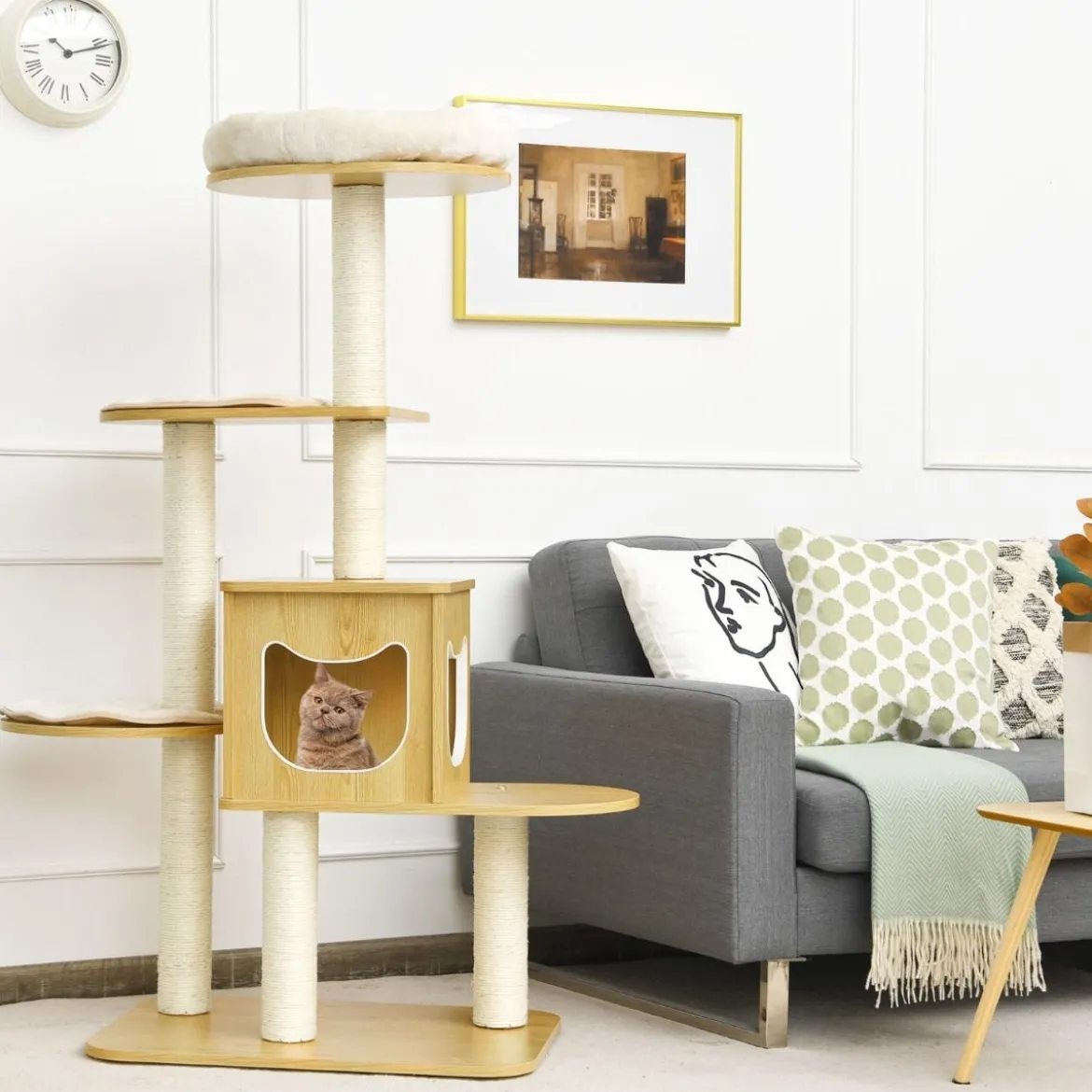 135cm Katzenbaum 4-stufiger Katzenkratzbaum Holz Kratzbaum Spielhaus mit Höhle und 4 Matten Katzenmöbel