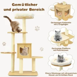 135cm Katzenbaum 4-stufiger Katzenkratzbaum Holz Kratzbaum Spielhaus mit Höhle und 4 Matten Katzenmöbel