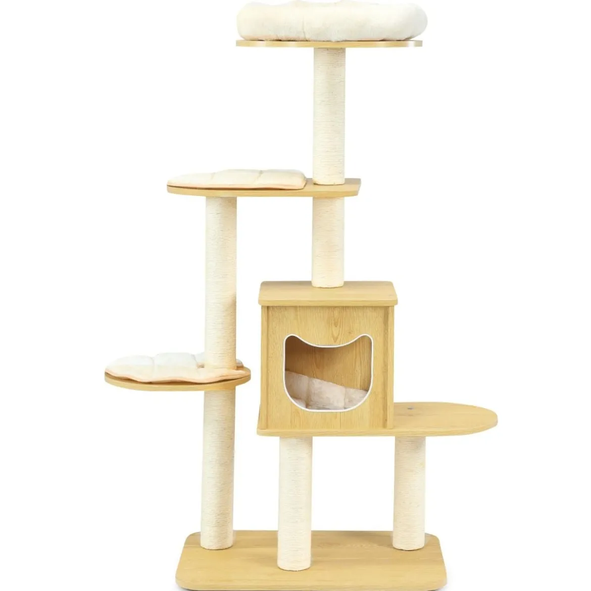 135cm Katzenbaum 4-stufiger Katzenkratzbaum Holz Kratzbaum Spielhaus mit Höhle und 4 Matten Katzenmöbel