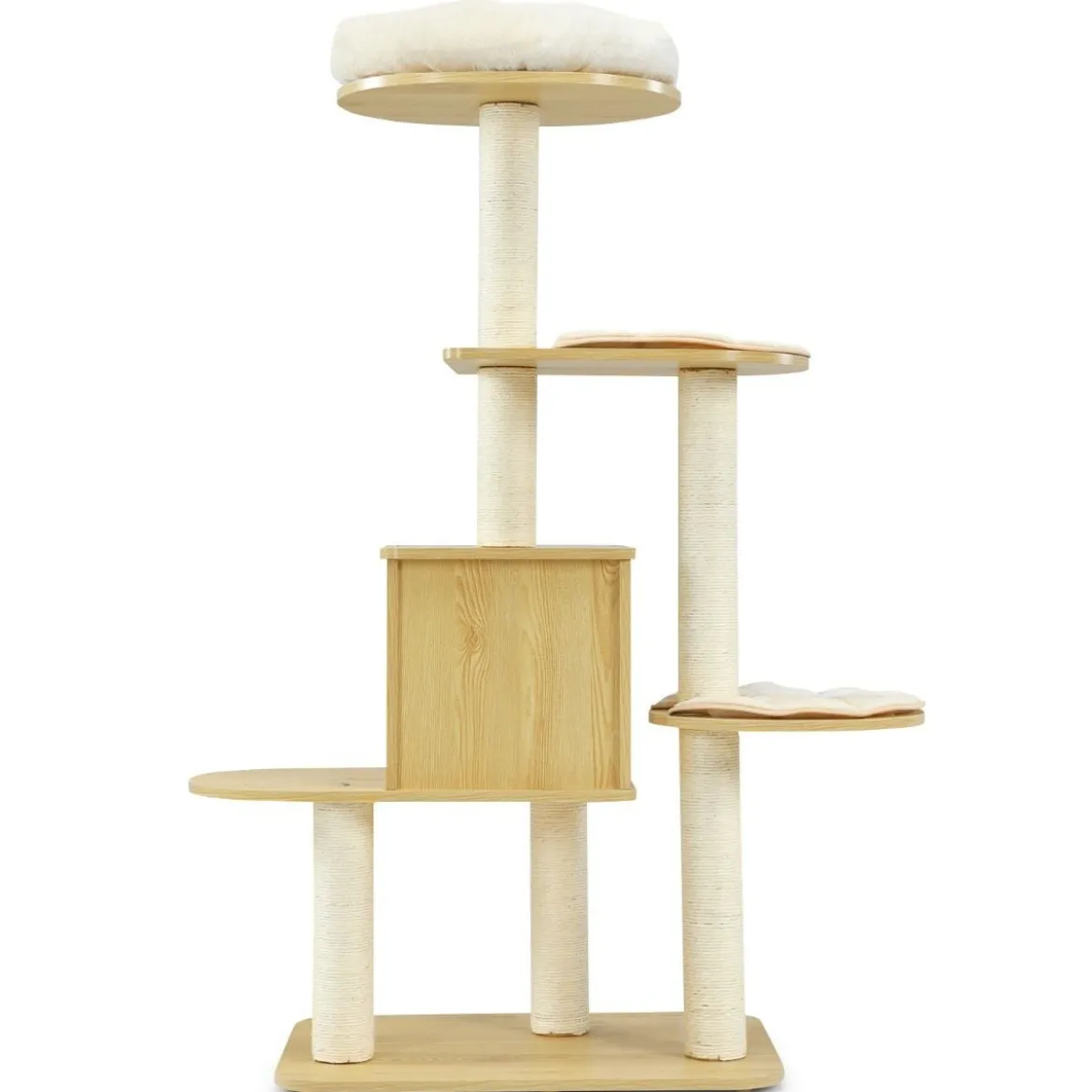 135cm Katzenbaum 4-stufiger Katzenkratzbaum Holz Kratzbaum Spielhaus mit Höhle und 4 Matten Katzenmöbel