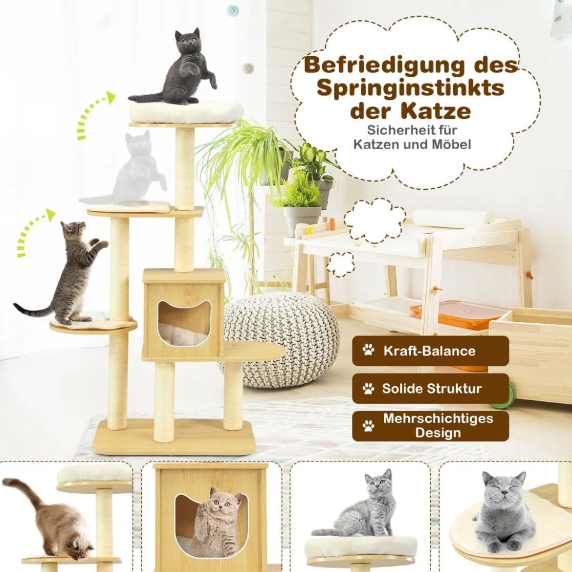135cm Katzenbaum 4-stufiger Katzenkratzbaum Holz Kratzbaum Spielhaus mit Höhle und 4 Matten Katzenmöbel