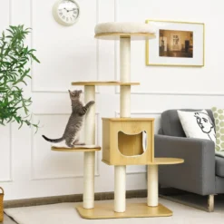 135cm Katzenbaum 4-stufiger Katzenkratzbaum Holz Kratzbaum Spielhaus mit Höhle und 4 Matten Katzenmöbel