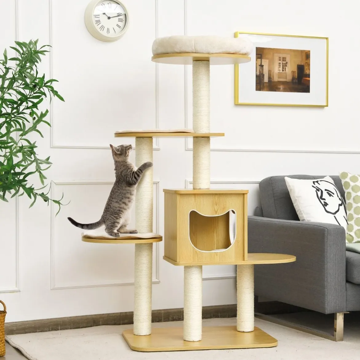 135cm Katzenbaum 4-stufiger Katzenkratzbaum Holz Kratzbaum Spielhaus mit Höhle und 4 Matten Katzenmöbel