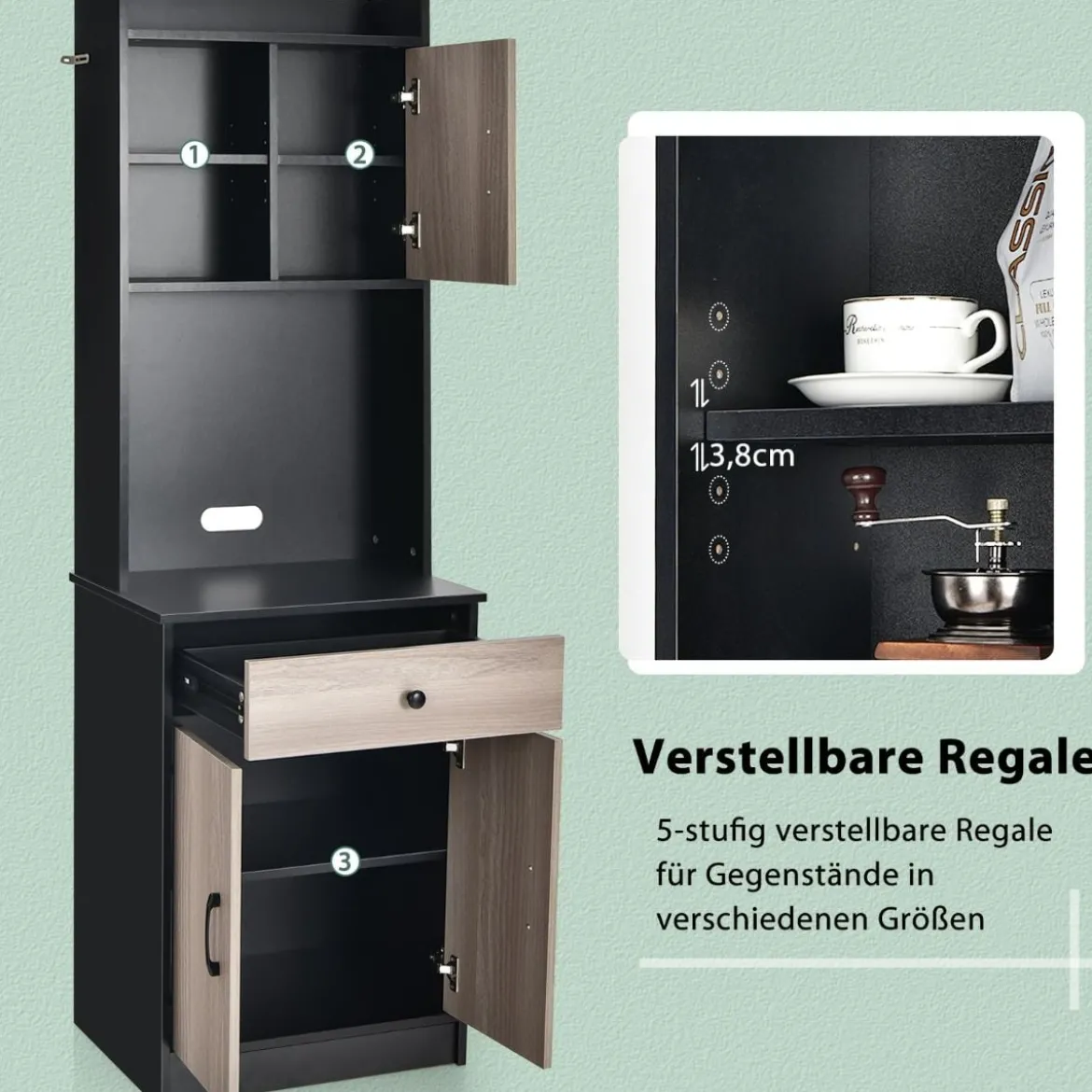 180 cm Küchenschrank aus Holz mit Schublade & Verstellbare Einlegeböden Sideboard Schwarz