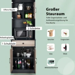 180 cm Küchenschrank aus Holz mit Schublade & Verstellbare Einlegeböden Sideboard Schwarz