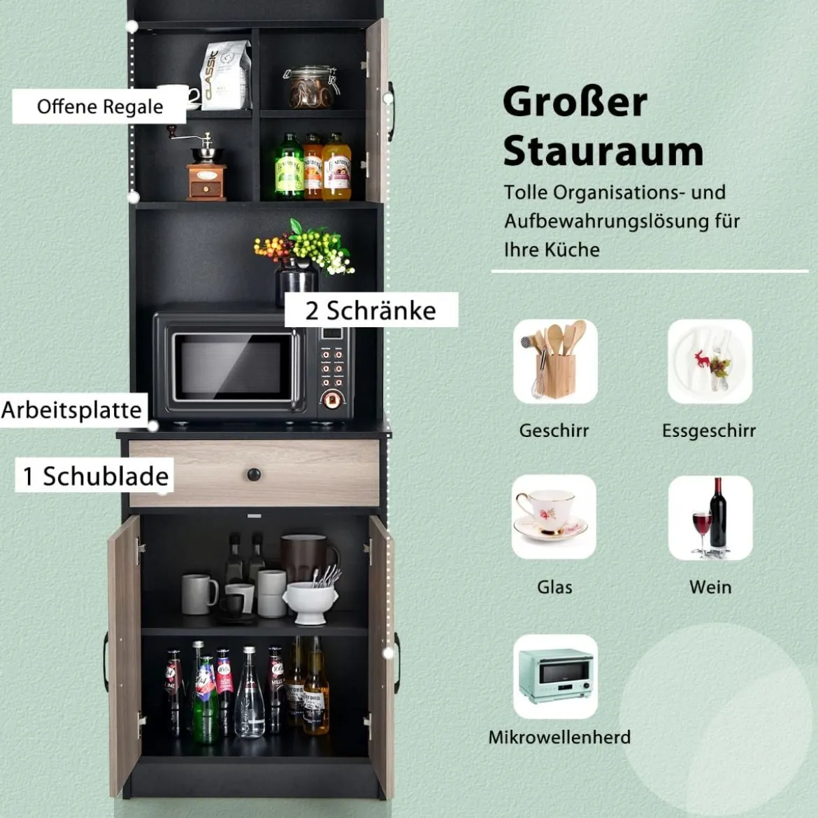 180 cm Küchenschrank aus Holz mit Schublade & Verstellbare Einlegeböden Sideboard Schwarz