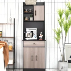 180 cm Küchenschrank aus Holz mit Schublade & Verstellbare Einlegeböden Sideboard Schwarz
