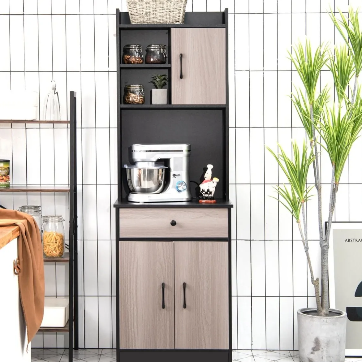 180 cm Küchenschrank aus Holz mit Schublade & Verstellbare Einlegeböden Sideboard Schwarz