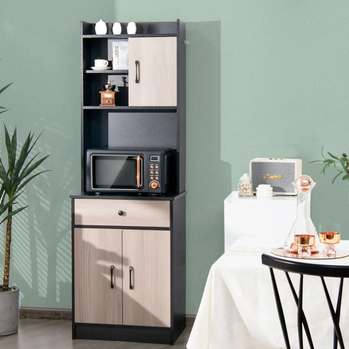 180 cm Küchenschrank aus Holz mit Schublade & Verstellbare Einlegeböden Sideboard Schwarz