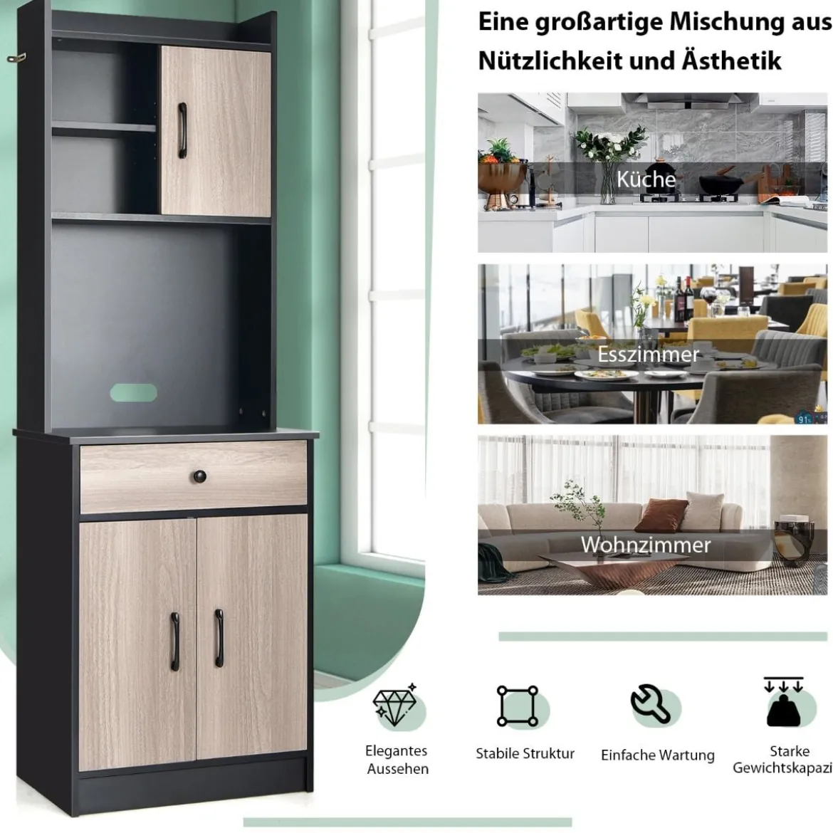 180 cm Küchenschrank aus Holz mit Schublade & Verstellbare Einlegeböden Sideboard Schwarz