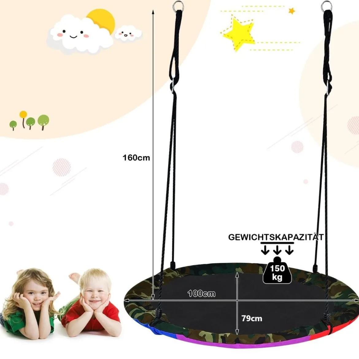 Ø100 cm Kinder Baumschaukel doppelseitige Farbe Nestschaukel Bunt + Tarnung