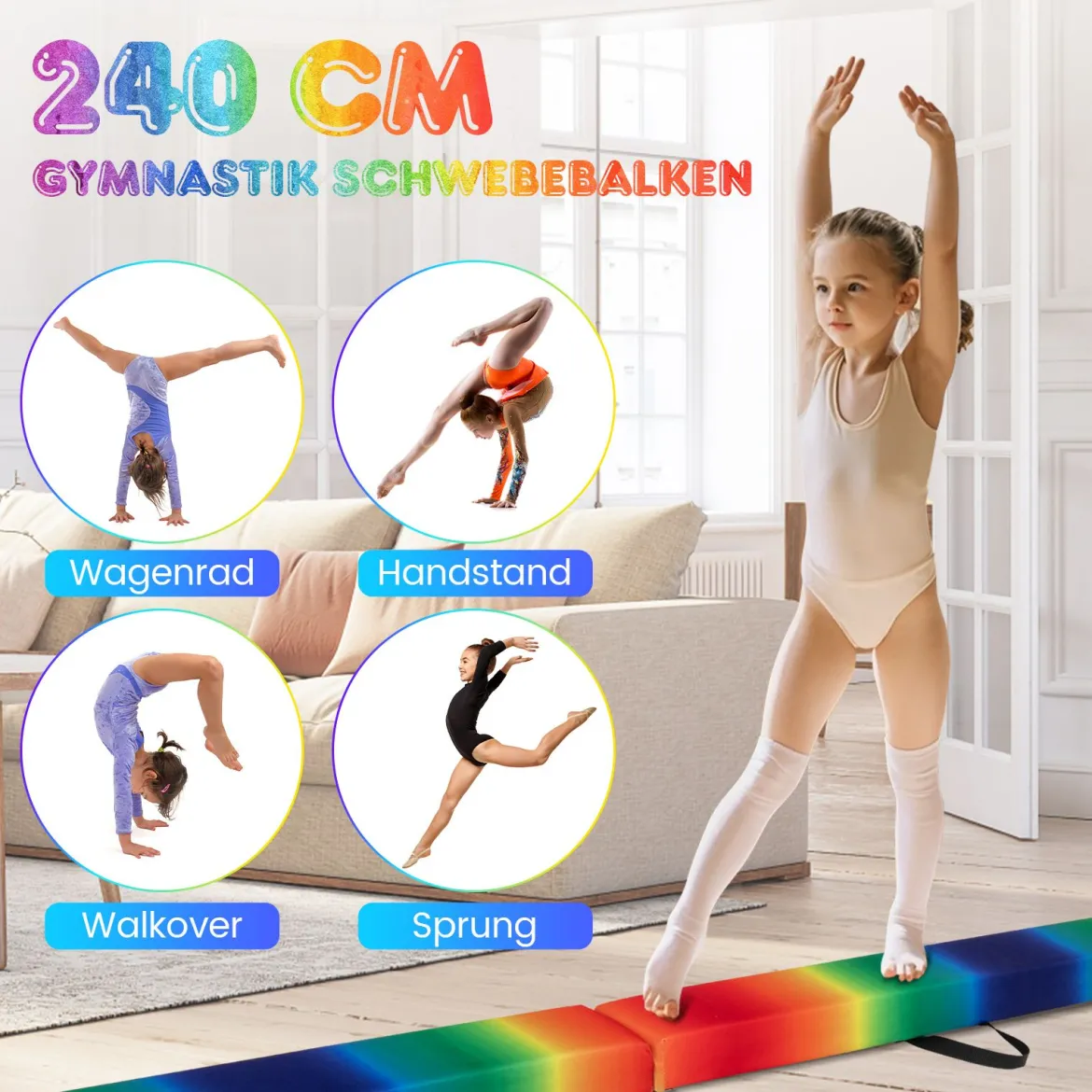 240 cm Kinder Schwebebalken klappbare Balancierbalken Gymnastikbalken mit Tragegriff Bunt