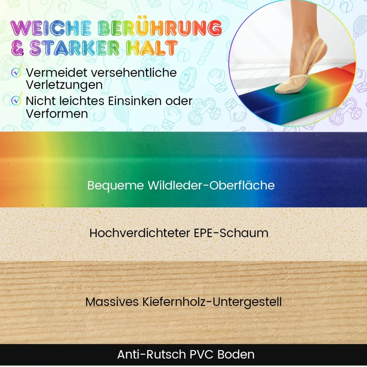 240 cm Kinder Schwebebalken klappbare Balancierbalken Gymnastikbalken mit Tragegriff Bunt
