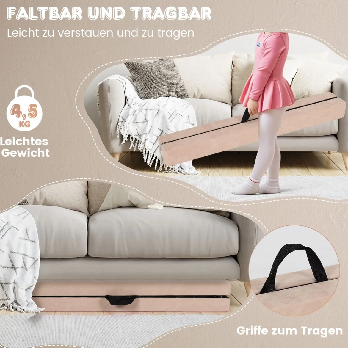 240 cm Kinder Schwebebalken klappbare Balancierbalken Gymnastikbalken mit Tragegriff Braun