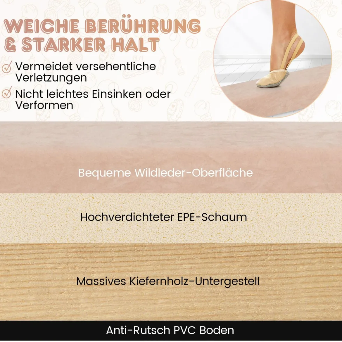 240 cm Kinder Schwebebalken klappbare Balancierbalken Gymnastikbalken mit Tragegriff Braun