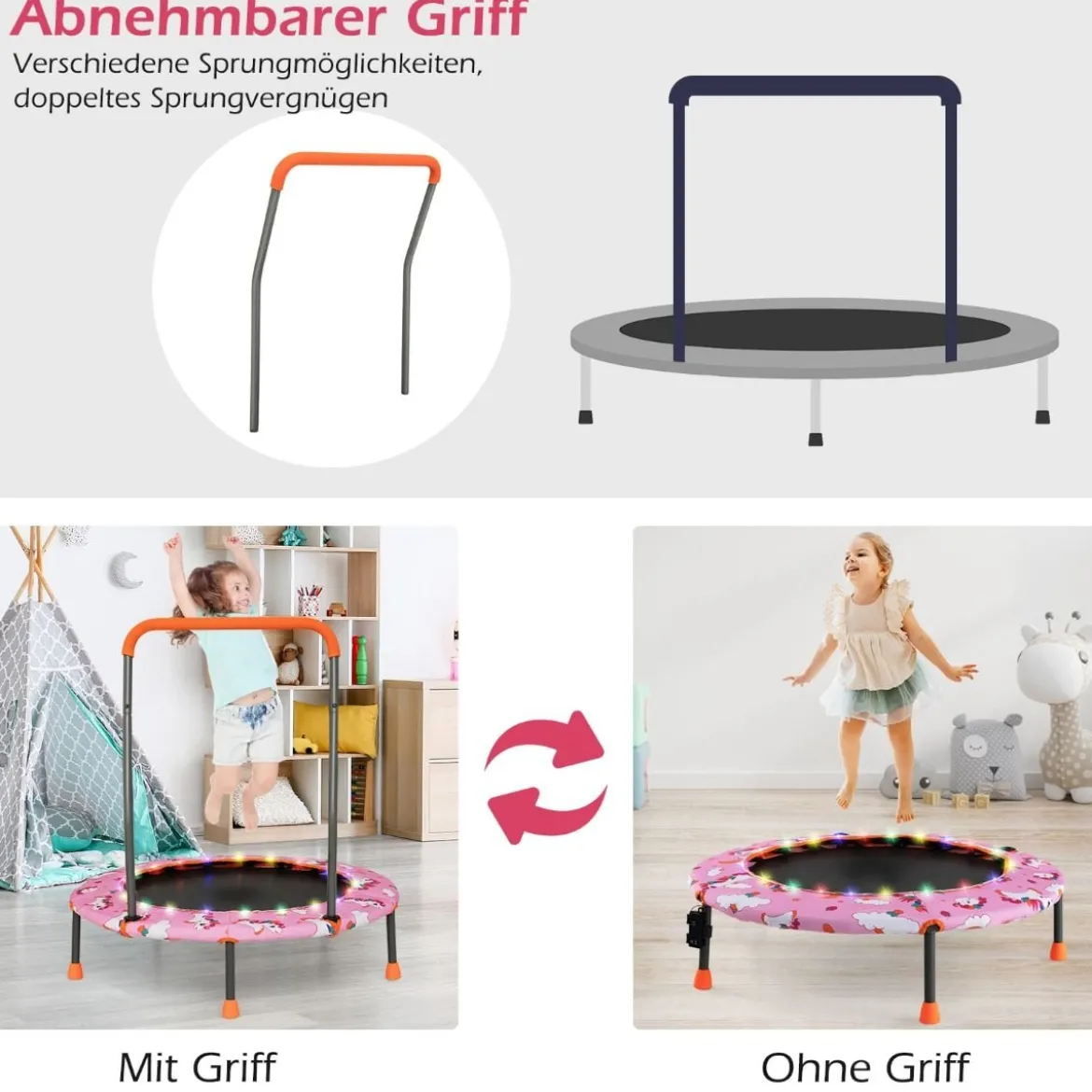 Ø92 cm Kindertrampolin Mini Trampolin mit LED-Beleuchtung & abnehmbarer Griff