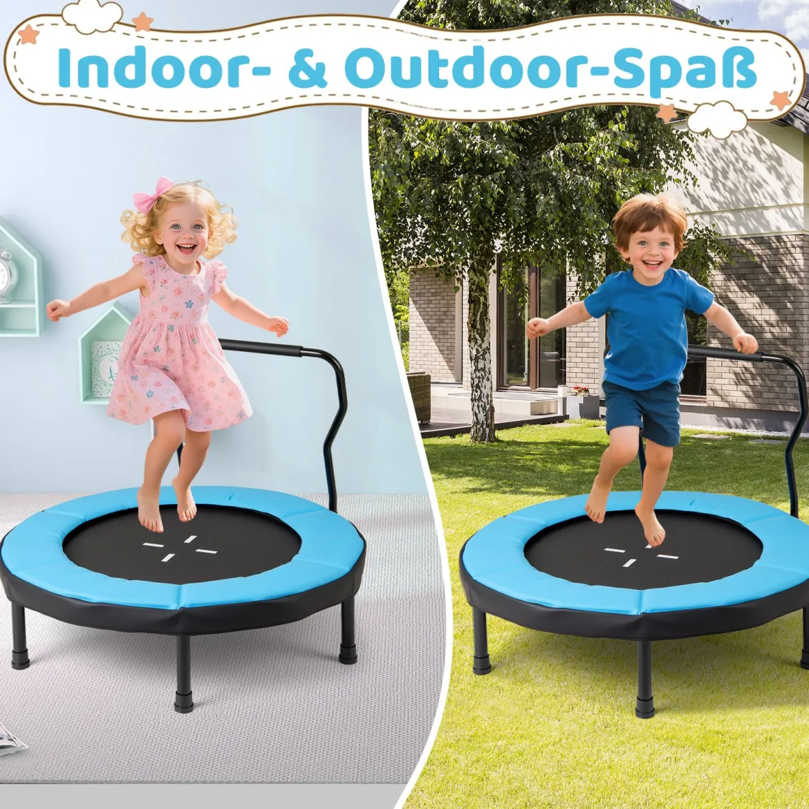 Ø102 cm Kinder Trampolin mit Abnehmbarer Haltegriff Minitrampolin bis 100 kg Belastbar Blau