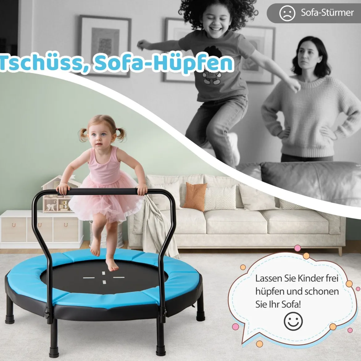 Ø102 cm Kinder Trampolin mit Abnehmbarer Haltegriff Minitrampolin bis 100 kg Belastbar Blau