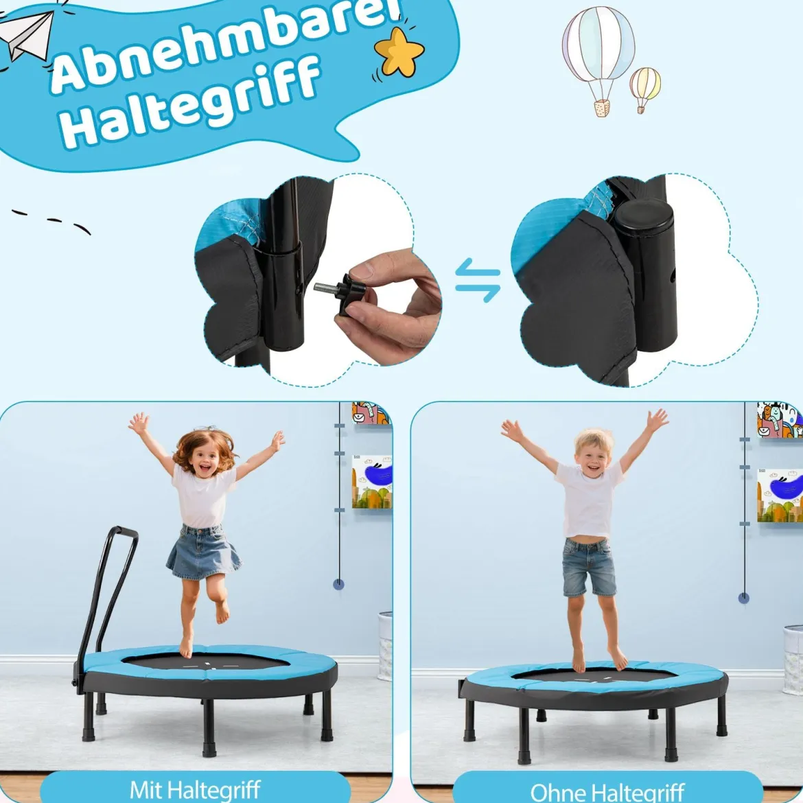 Ø102 cm Kinder Trampolin mit Abnehmbarer Haltegriff Minitrampolin bis 100 kg Belastbar Blau
