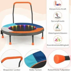 Ø90 cm Kindertrampolin mit LED Beleuchtung & Griff & Tragetasche Mini Trampolin Dunkelblau