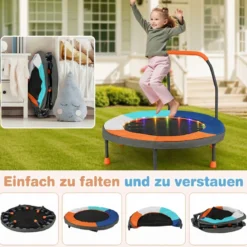 Ø90 cm Kindertrampolin mit LED Beleuchtung & Griff & Tragetasche Mini Trampolin Dunkelblau