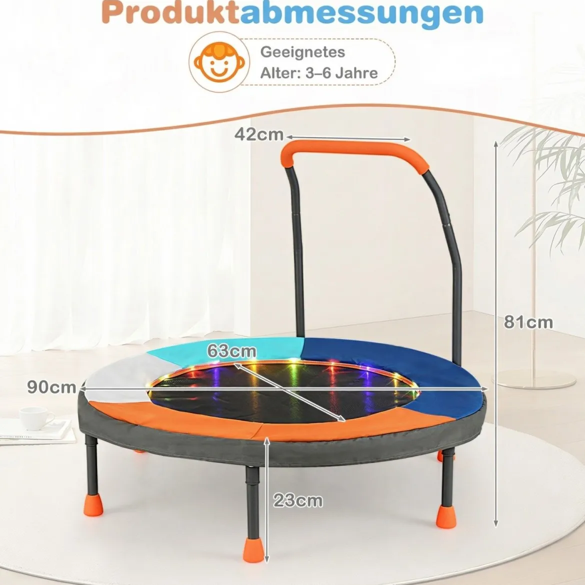 Ø90 cm Kindertrampolin mit LED Beleuchtung & Griff & Tragetasche Mini Trampolin Dunkelblau
