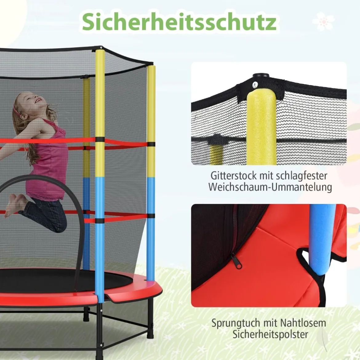 Ø140 cm Kinder-Trampolin mit Sicherheitsnetz Gartentrampolin Kindertrampolin Schwarz + Bunt