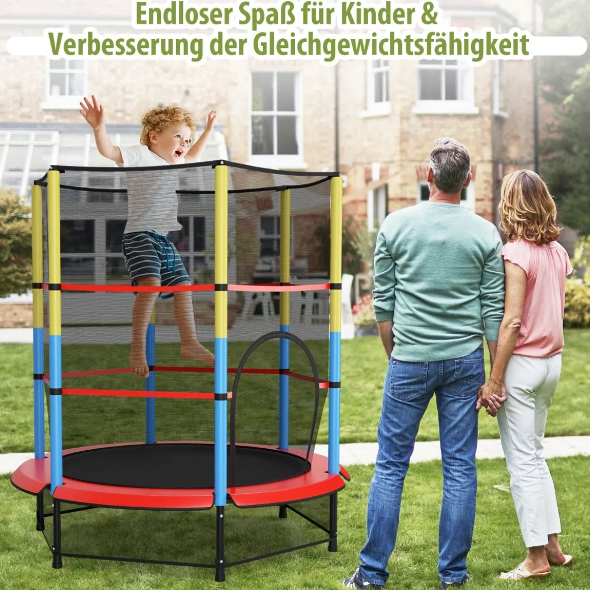 Ø140 cm Kinder-Trampolin mit Sicherheitsnetz Gartentrampolin Kindertrampolin Schwarz + Bunt
