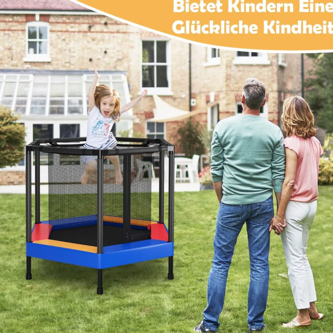 Ø122 cm Kinder-Trampolin Outdoor- & Indoor-Trampolin mit Sicherheitsnetz Blau + Schwarz