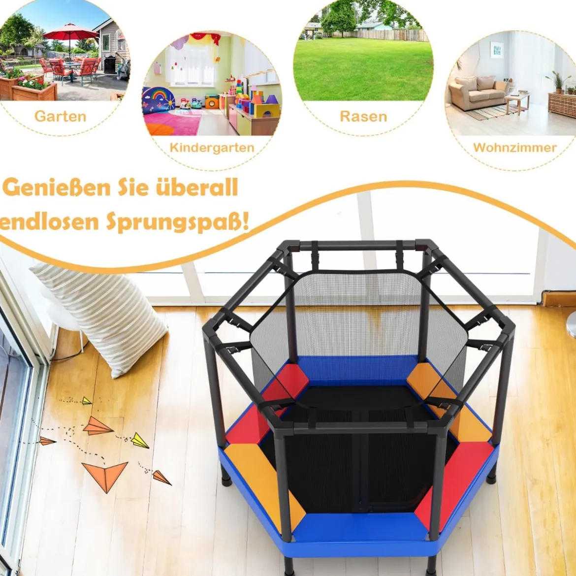 Ø122 cm Kinder-Trampolin Outdoor- & Indoor-Trampolin mit Sicherheitsnetz Blau + Schwarz