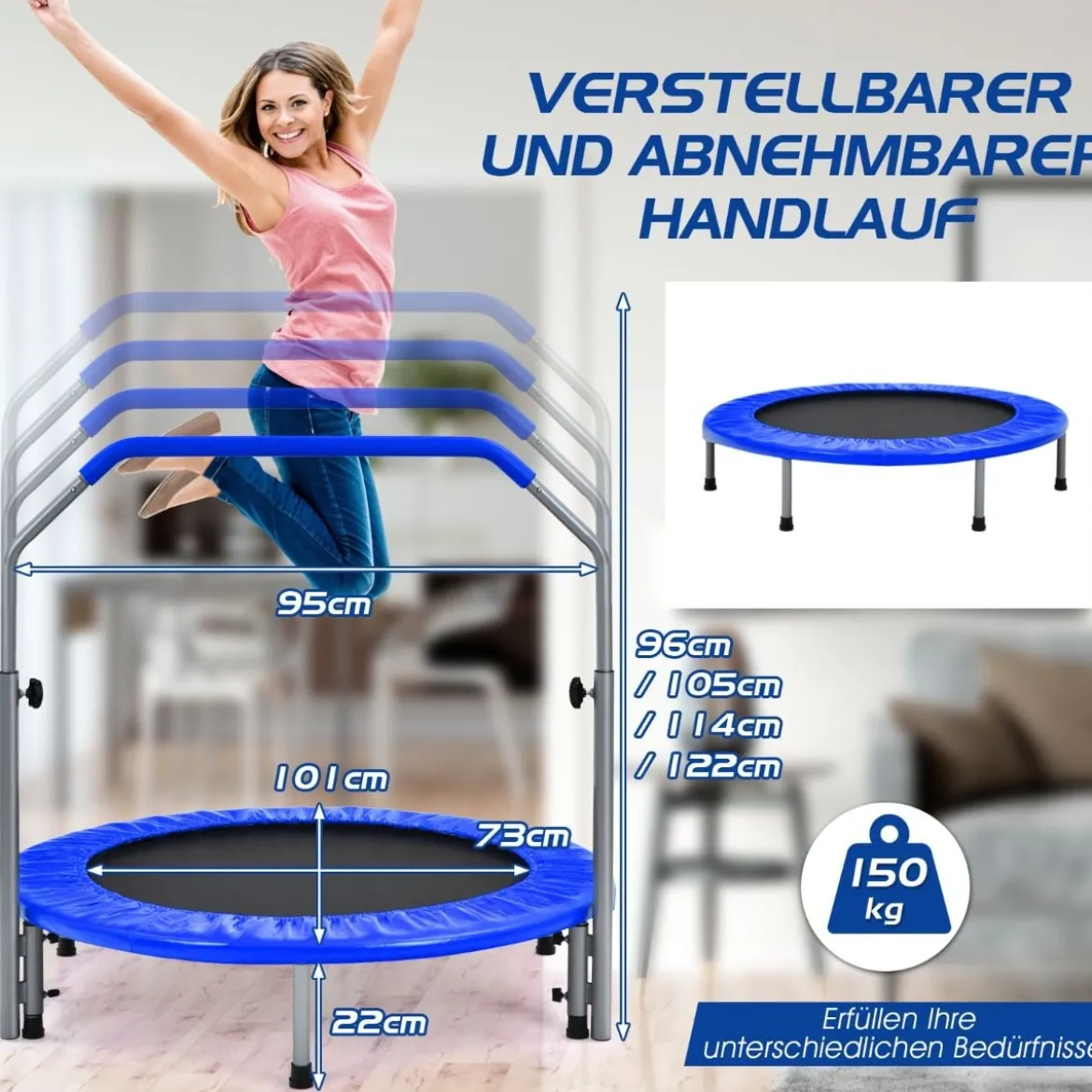 Ø101 cm klappbares Mini-Trampolin Fitness-Trampolin mit höhenverstellbarm Haltegriff