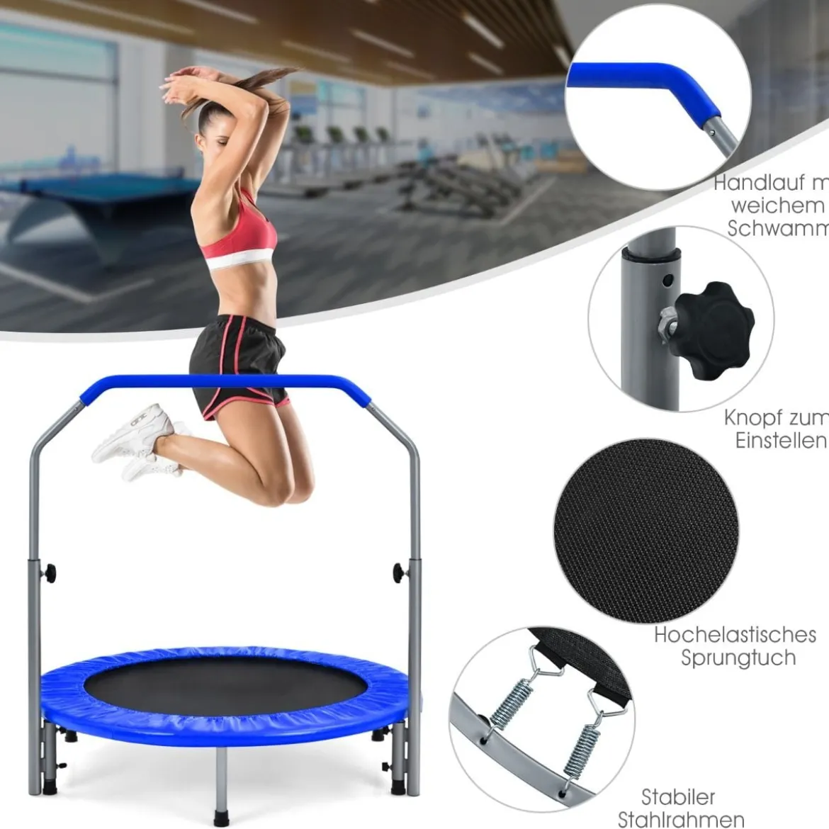 Ø101 cm klappbares Mini-Trampolin Fitness-Trampolin mit höhenverstellbarm Haltegriff