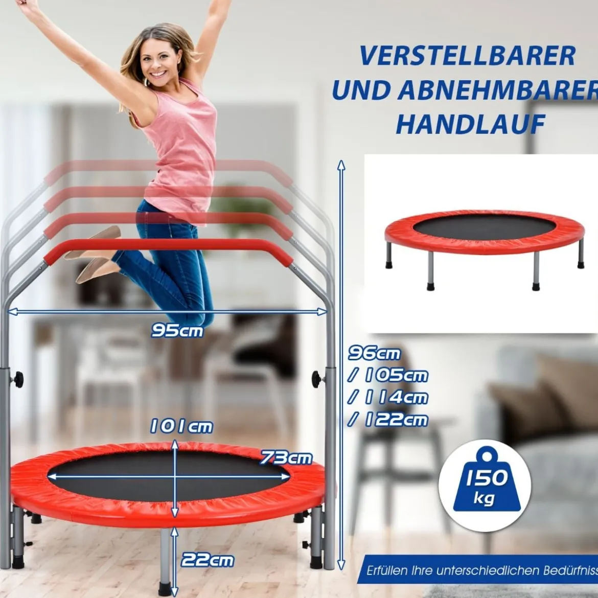 Ø101 cm klappbares Mini-Trampolin Fitness-Trampolin mit höhenverstellbarm Haltegriff