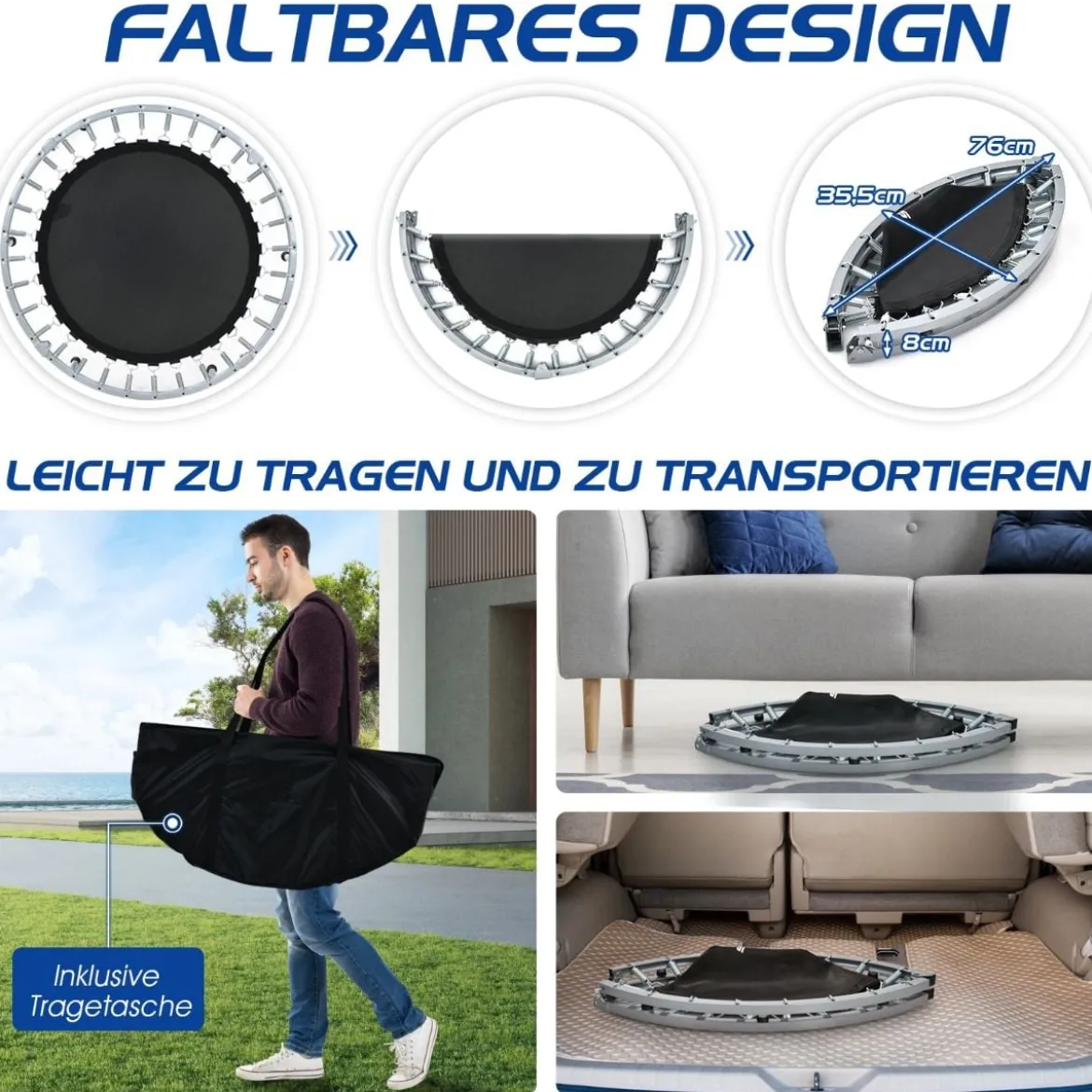 Ø101 cm klappbares Mini-Trampolin Fitness-Trampolin mit höhenverstellbarm Haltegriff