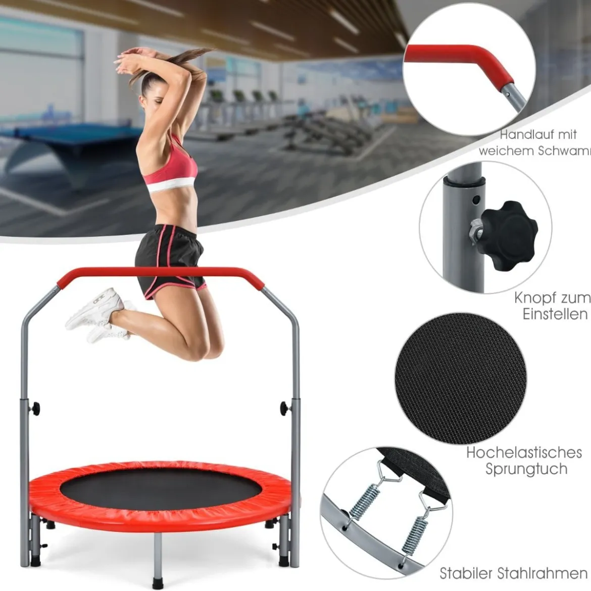 Ø101 cm klappbares Mini-Trampolin Fitness-Trampolin mit höhenverstellbarm Haltegriff