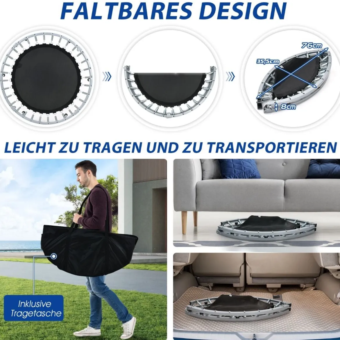 Ø101 cm klappbares Mini-Trampolin Fitness-Trampolin mit höhenverstellbarm Haltegriff
