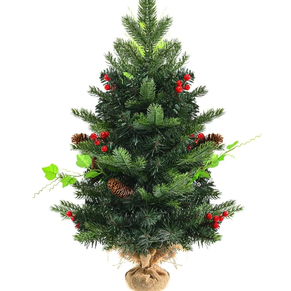 60 cm Kleiner Weihnachtsbaum eleuchteter Christbaum mit roten Beeren und LED-Lichtern Grün