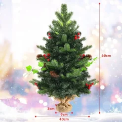 60 cm Kleiner Weihnachtsbaum eleuchteter Christbaum mit roten Beeren und LED-Lichtern Grün