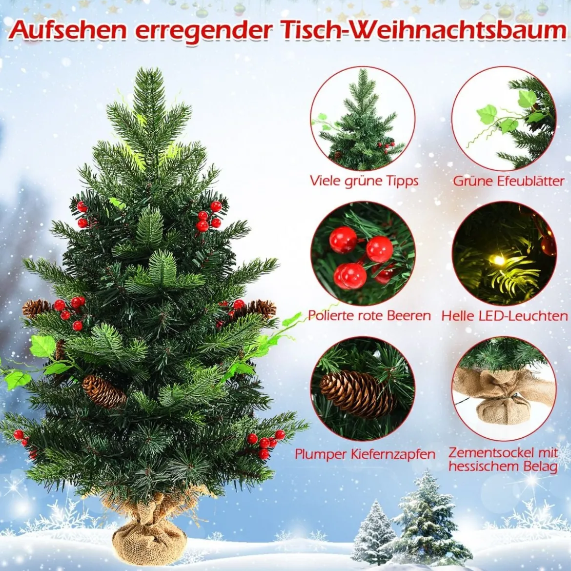 60 cm Kleiner Weihnachtsbaum eleuchteter Christbaum mit roten Beeren und LED-Lichtern Grün
