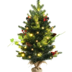 60 cm Kleiner Weihnachtsbaum eleuchteter Christbaum mit roten Beeren und LED-Lichtern Grün