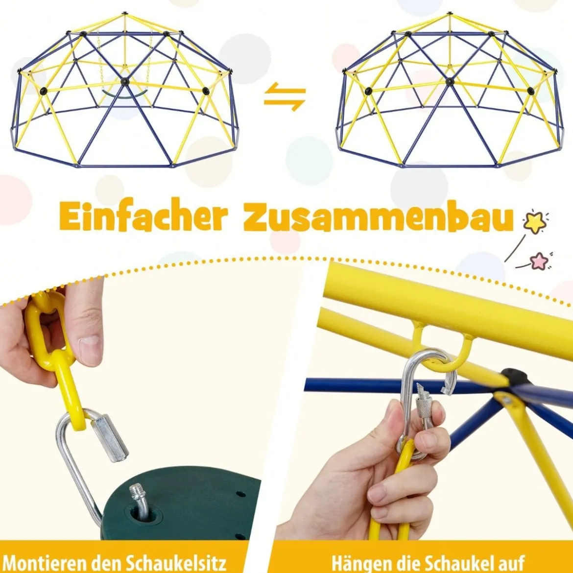 Ø 305cm Kletterkuppel mit Schaukel Klettergerüst zum Schaukeln & Klttern Blau & Gelb & Grün