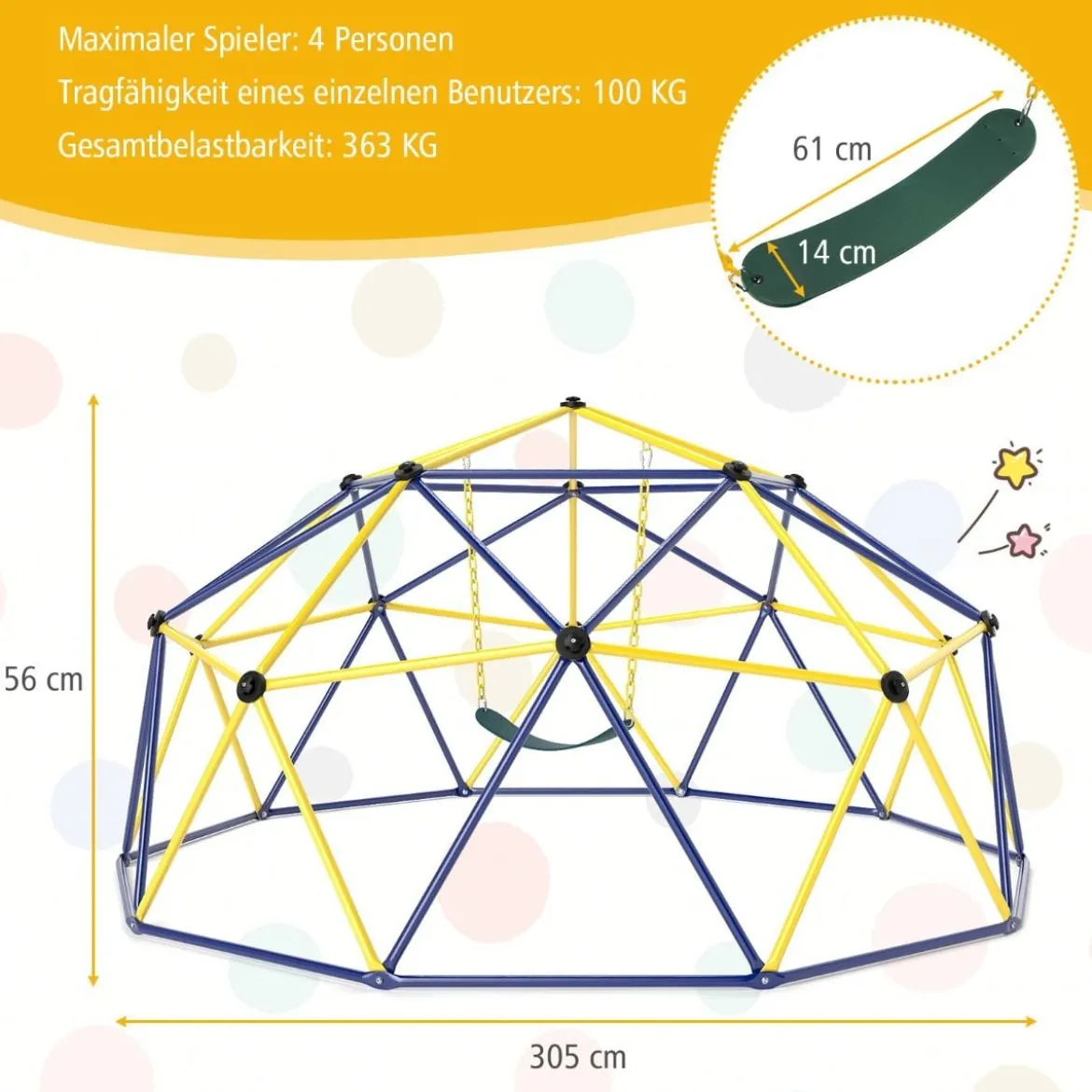 Ø 305cm Kletterkuppel mit Schaukel Klettergerüst zum Schaukeln & Klttern Blau & Gelb & Grün