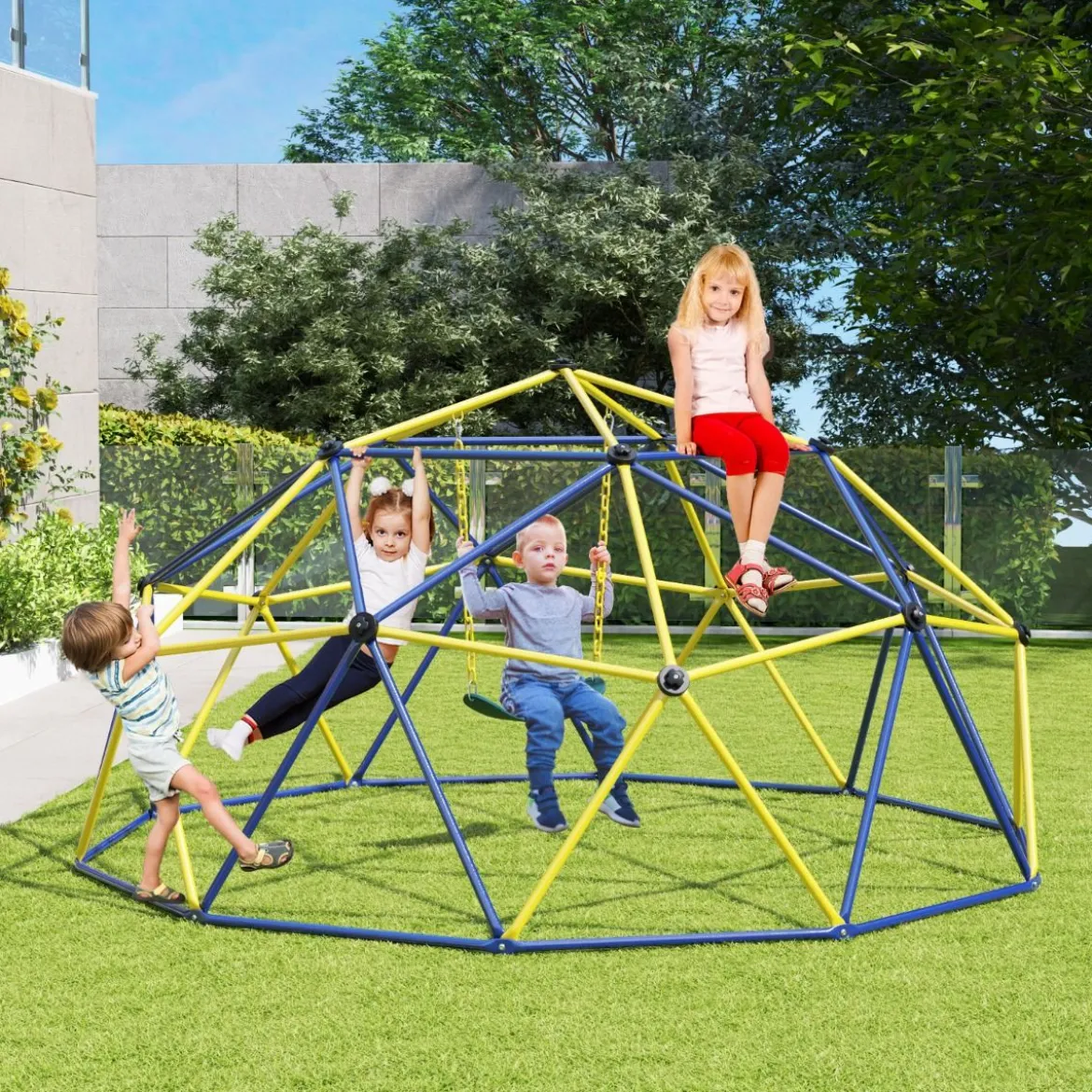 Ø 305cm Kletterkuppel mit Schaukel Klettergerüst zum Schaukeln & Klttern Blau & Gelb & Grün